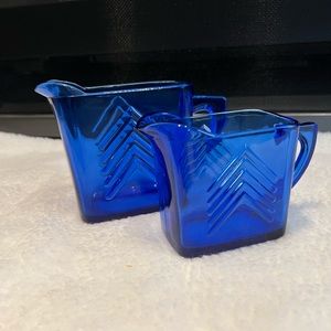 Vintage Set Cobalt Blue Chevron Mini Pitchers